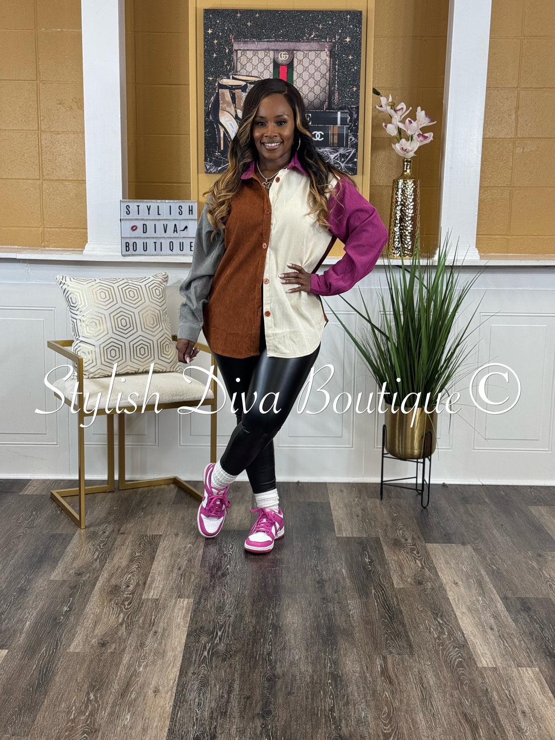 Color Block Corduroy Shacket (Rust/Magenta/Grey/Cream)