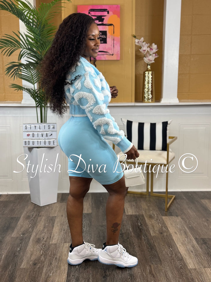 Isabelle Duo Color Cropped Knitted Cardigan (Light Blue/White)