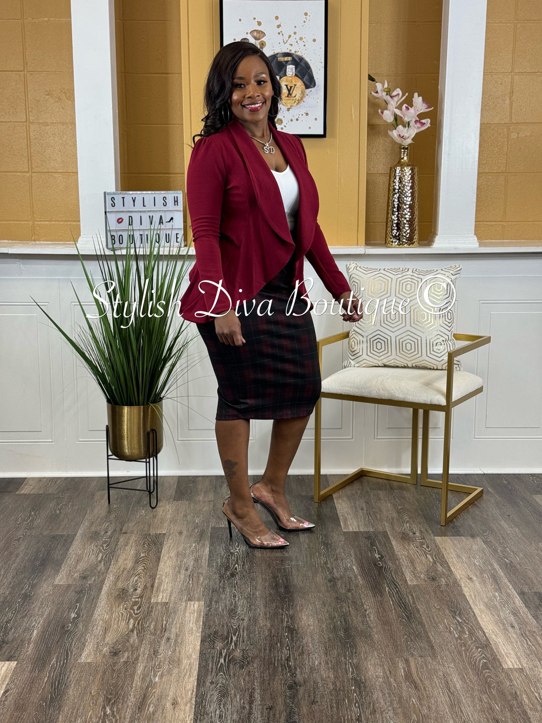 Business Meeting Skirt ONLY up to 3XL (Burgundy Plaid)