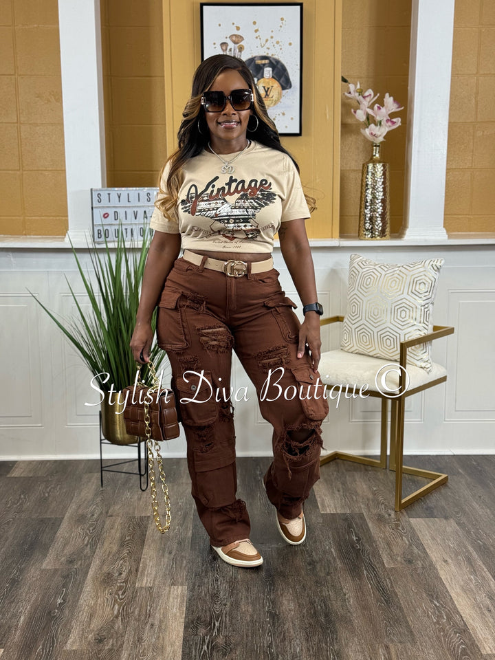 Diva Distressed Cargo Pants (Chocolate Brown)