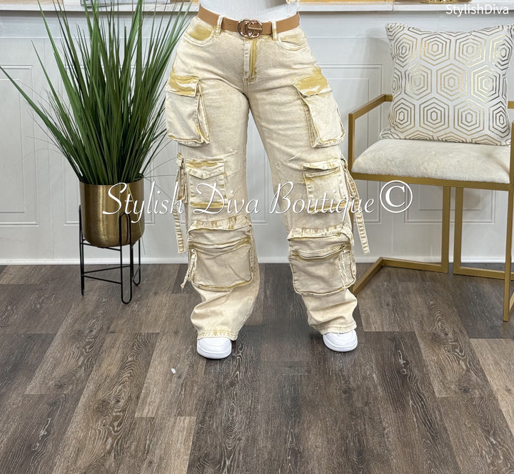 Nicki Acid Wash Cargo Pants (Tan)