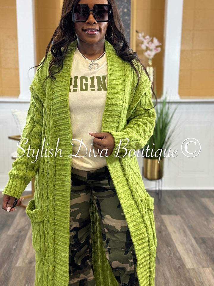 Kamala Long Cable Knit Cardigan (Green)