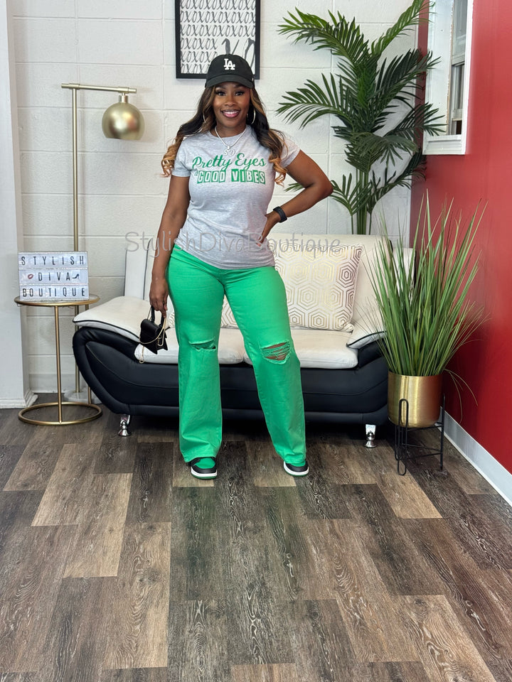 Pretty Eyes & Good Vibes Graphic Tee (Green Print)
