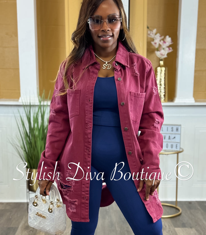 Harper Distressed Denim Shacket (Berry Denim)
