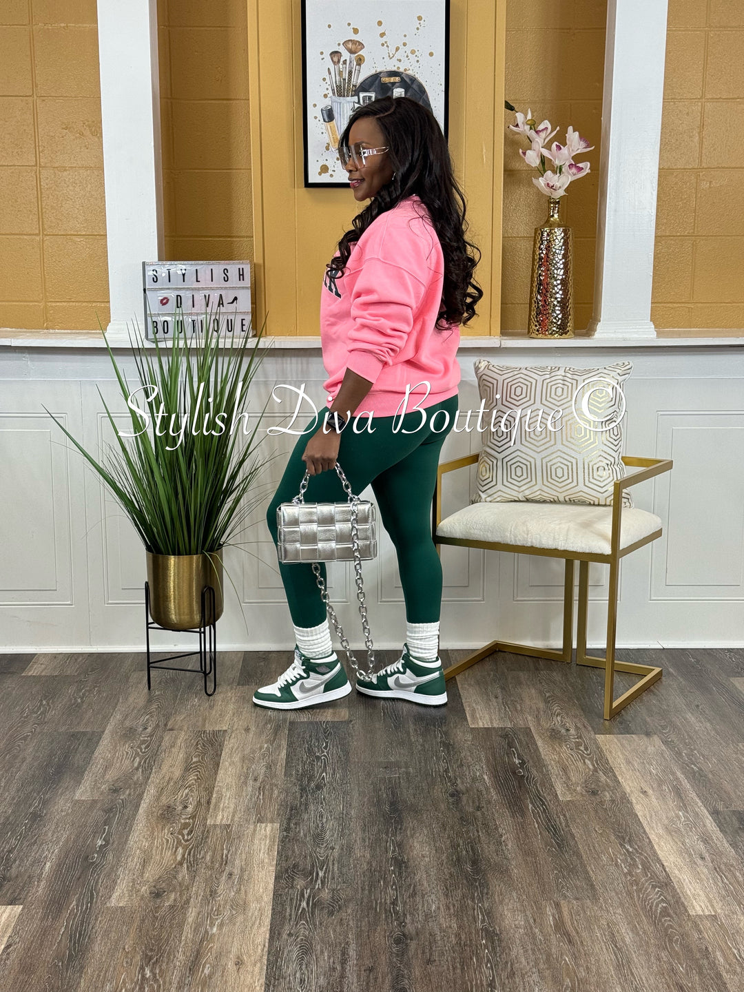 New York Oversized Sweatshirt & Leggings Set (Bright Pink/Dk Green Print)