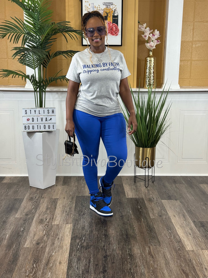 Walking By Faith Graphic Tee (Grey Shirt/Royal Blue Print)