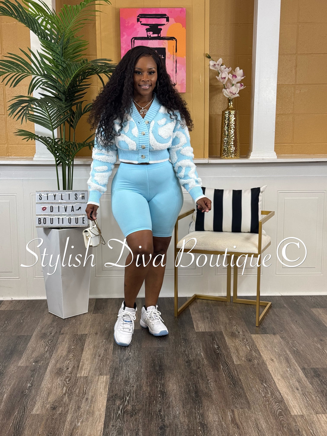 Isabelle Duo Color Cropped Knitted Cardigan (Light Blue/White)