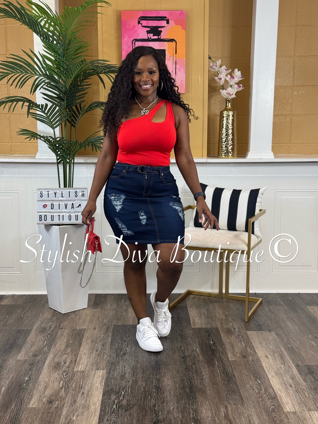 Nyla Distressed Denim Skirt (Dark Denim)