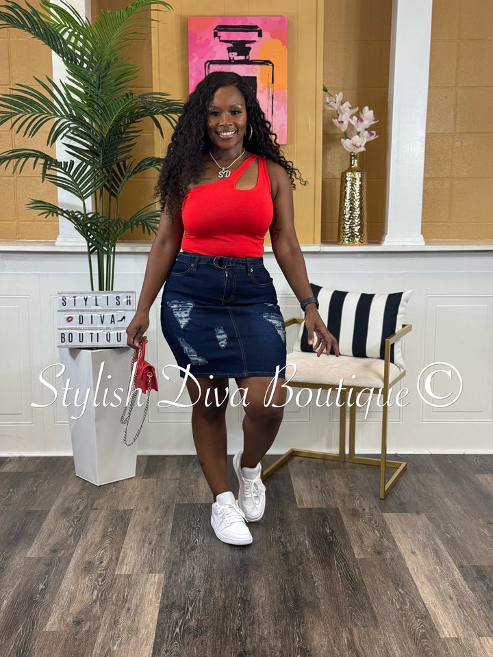 Nyla Distressed Denim Skirt (Dark Denim)