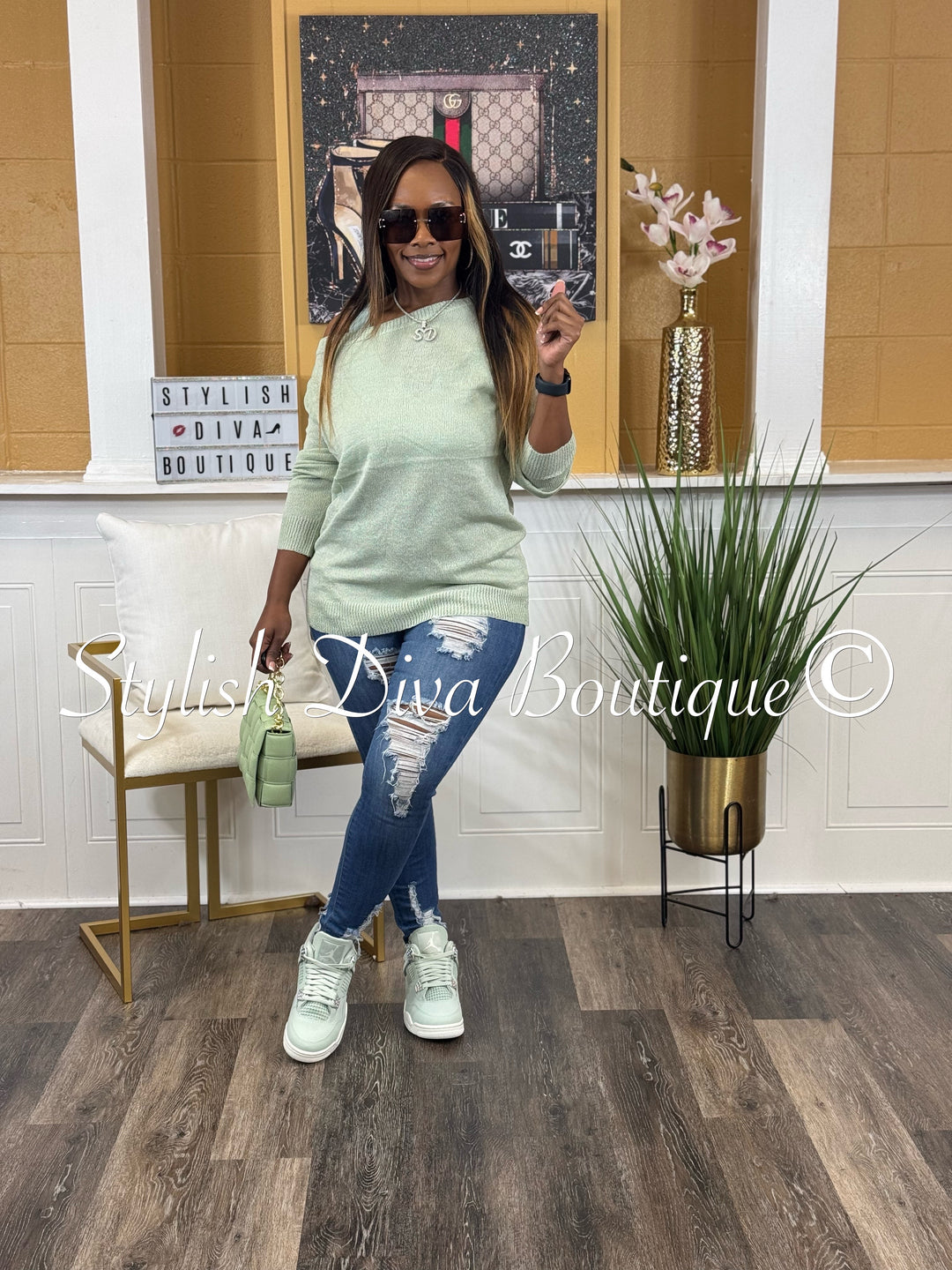 Bobbi Off Shoulder Spring Sweater (Sage)