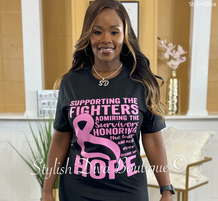 Supporting the Fighters Breast Cancer T-Shirt (Black Shirt/Pink Print)