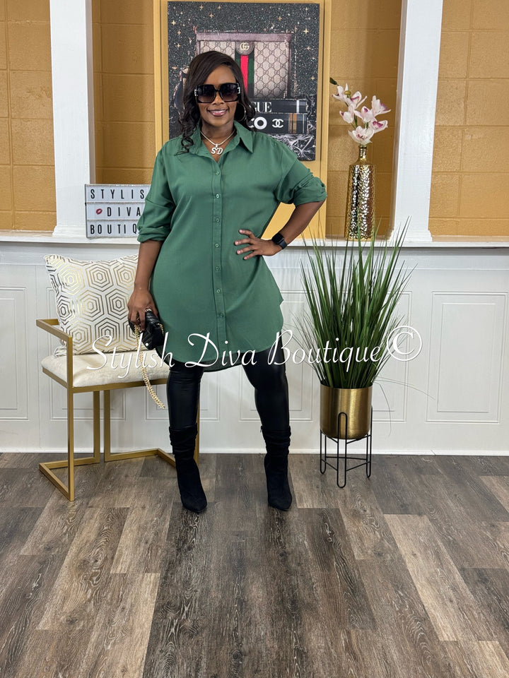 Casual Stroll V-Neck Oversized Shirt Dress (Dark Green)