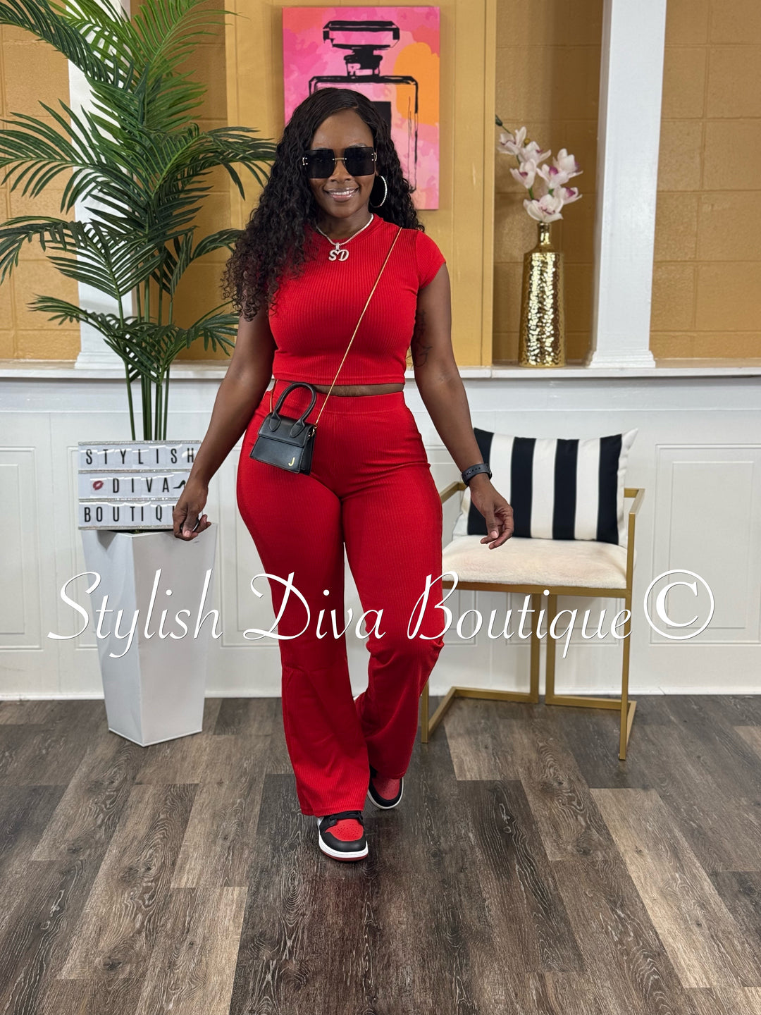 Haley Cropped Ribbed Set (Red)