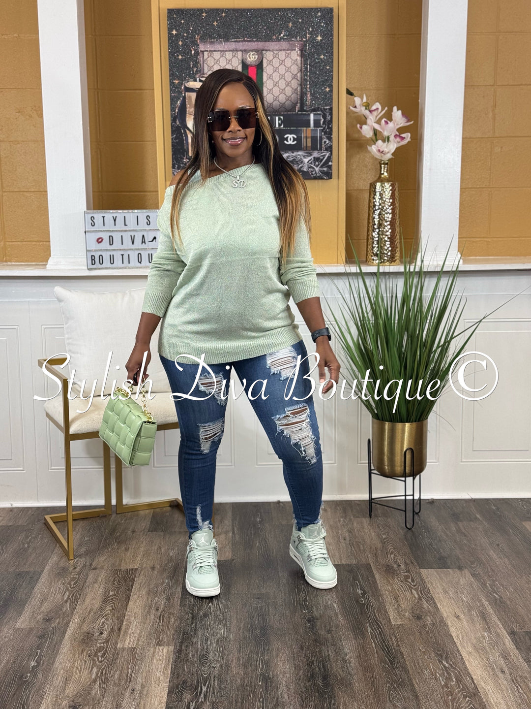 Bobbi Off Shoulder Spring Sweater (Sage)