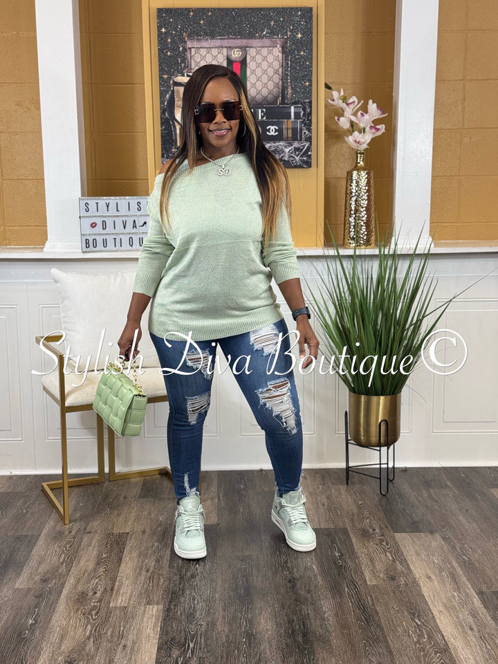 Bobbi Off Shoulder Spring Sweater (Sage)