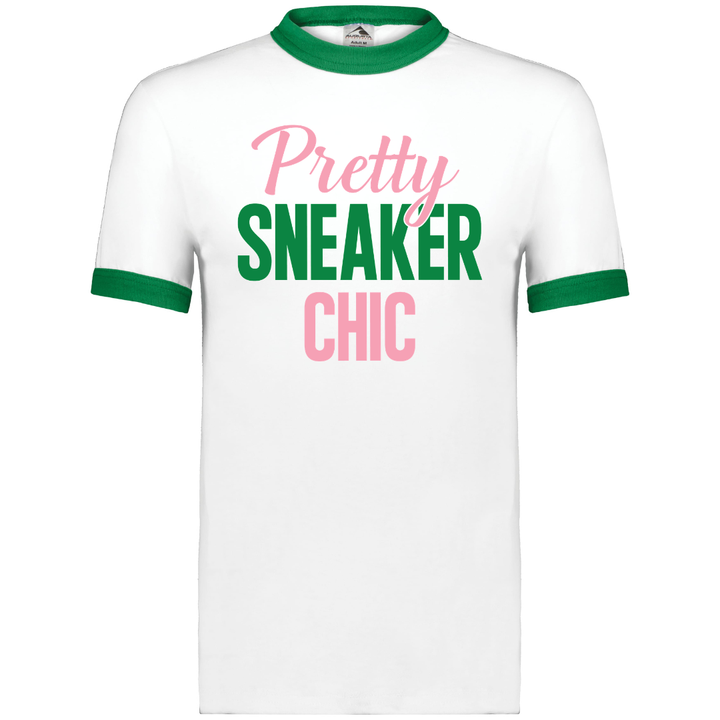 Pretty Sneaker Chic Ringer Tee (White/Kelly Green) (Pink/Kelly Green Print)