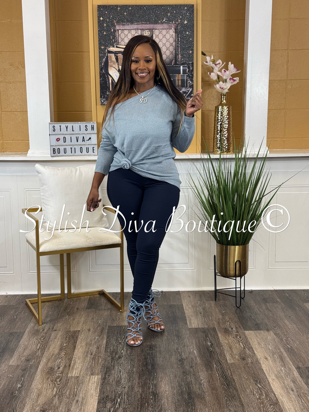 Bobbi Off Shoulder Spring Sweater (Denim Blue)