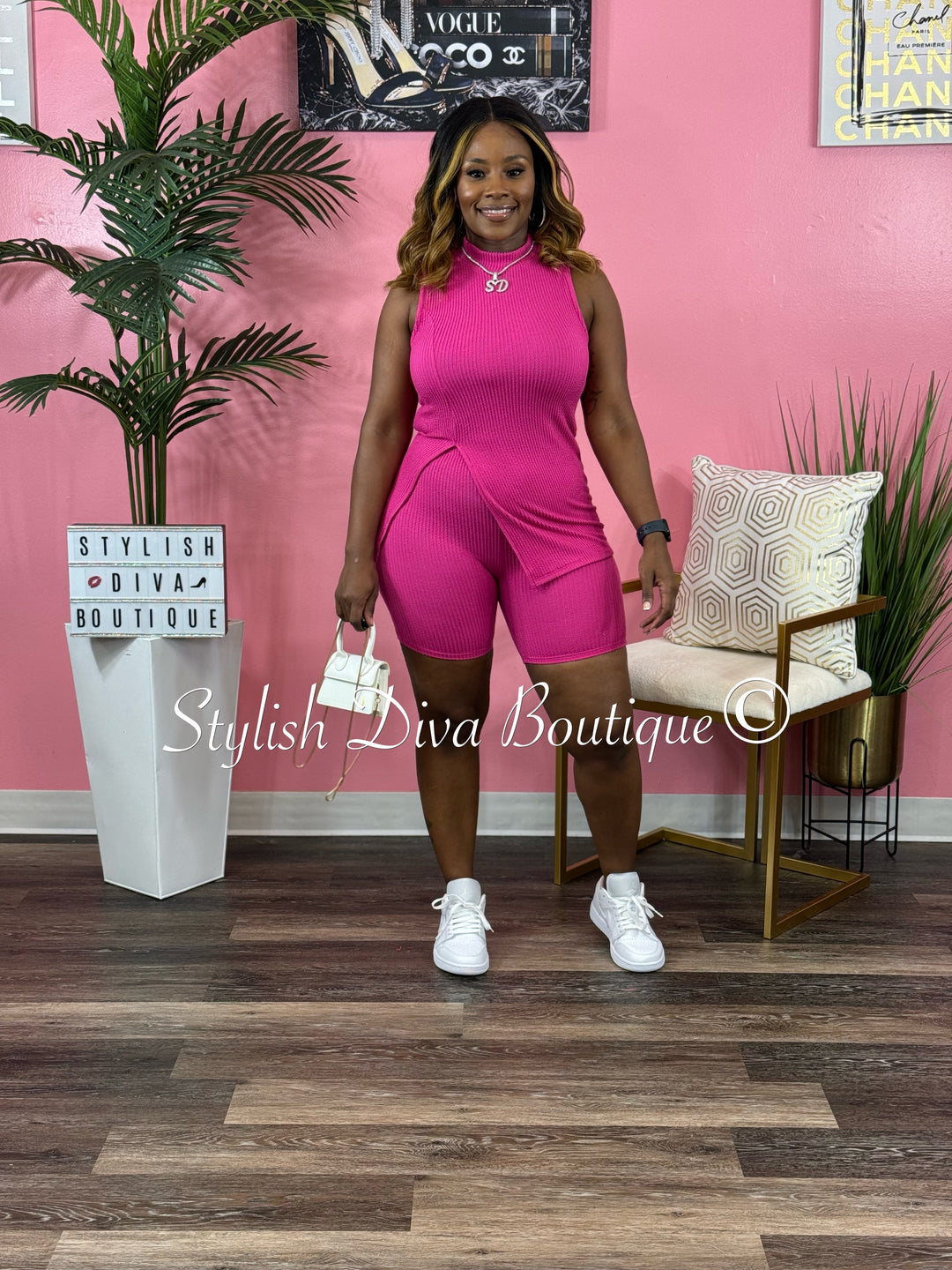 Mila Ribbed Short Set up to 3XL (Pink)