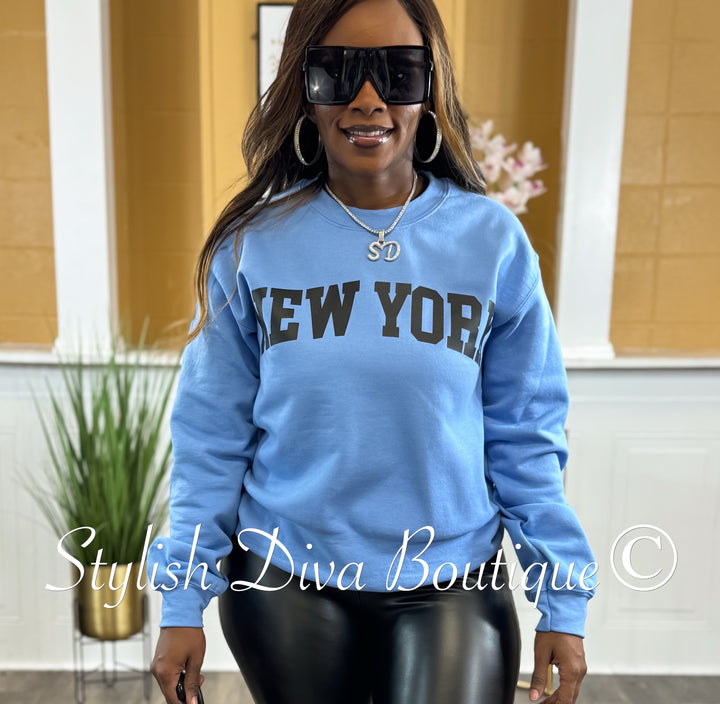 New York Sweatshirt Only up to 3XL (Carolina Blue/Black Print)