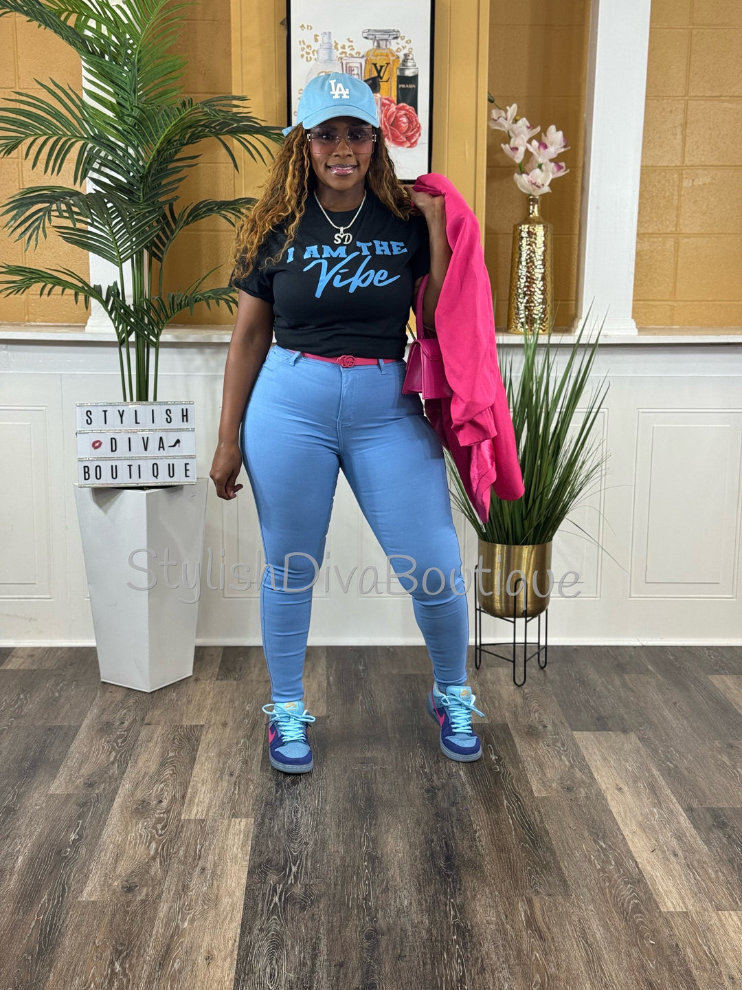 I AM the Vibe Graphic Tee (Black Shirt/Columbia Blue Print)