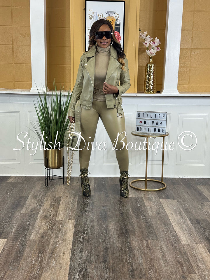 Biker Girl Belted Moto Jacket (Khaki Olive)