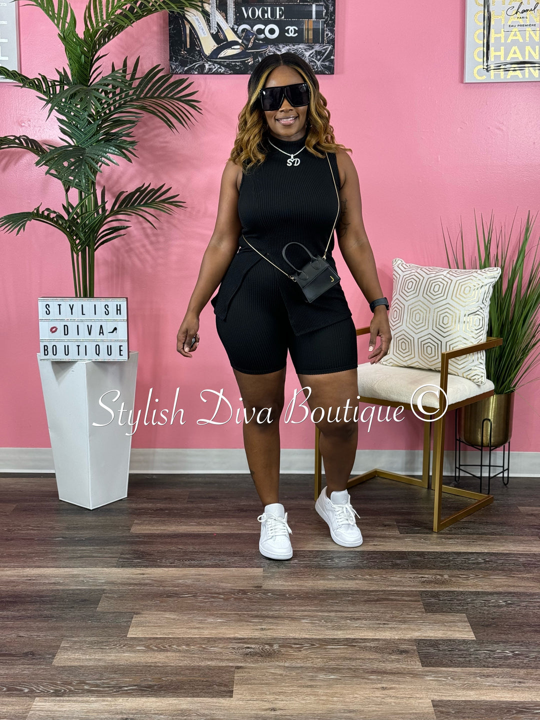 Mila Ribbed Short Set up to 3XL (Black)