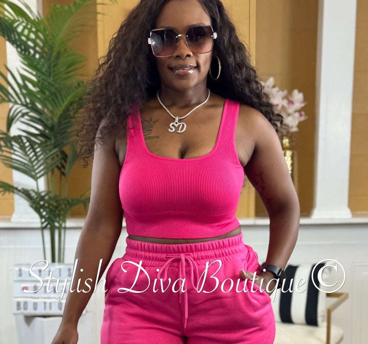 Ribbed Seamless Square Neck Cropped Tank (Hot Pink)