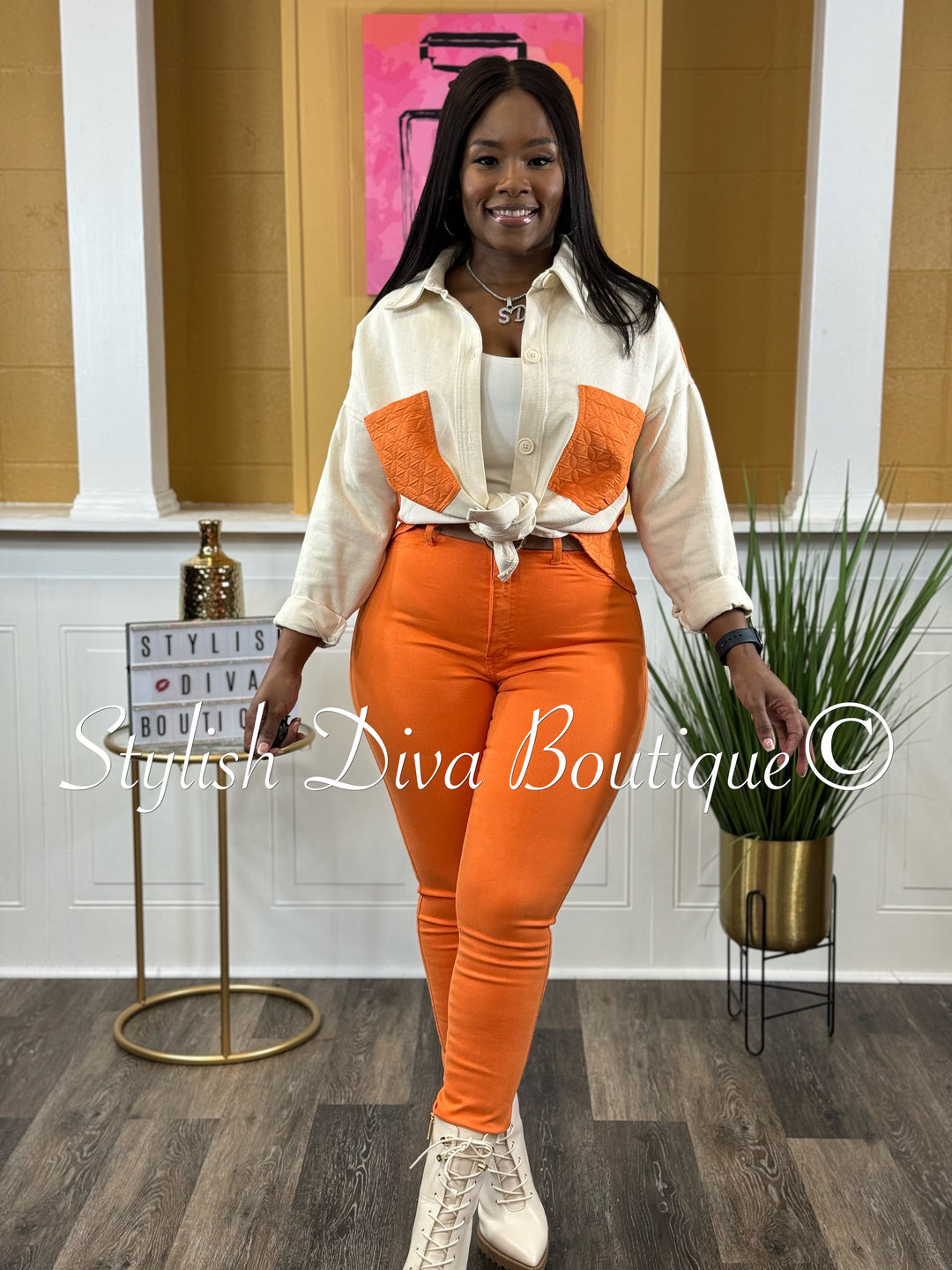 Deena Color Block Shacket (Orange/Cream)