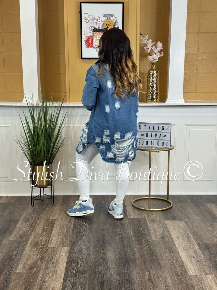 Harper Distressed Denim Shacket (Medium Denim)