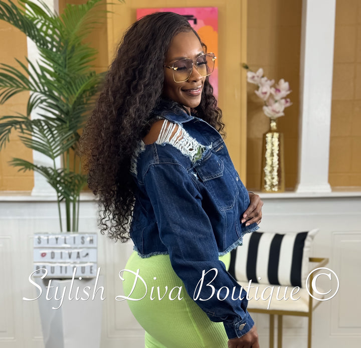 Destiny Distressed Cropped Denim Jacket (Dark Denim)