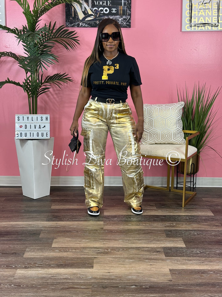 Gold Feelings Metallic Cargo Pants (White/Gold Foil)