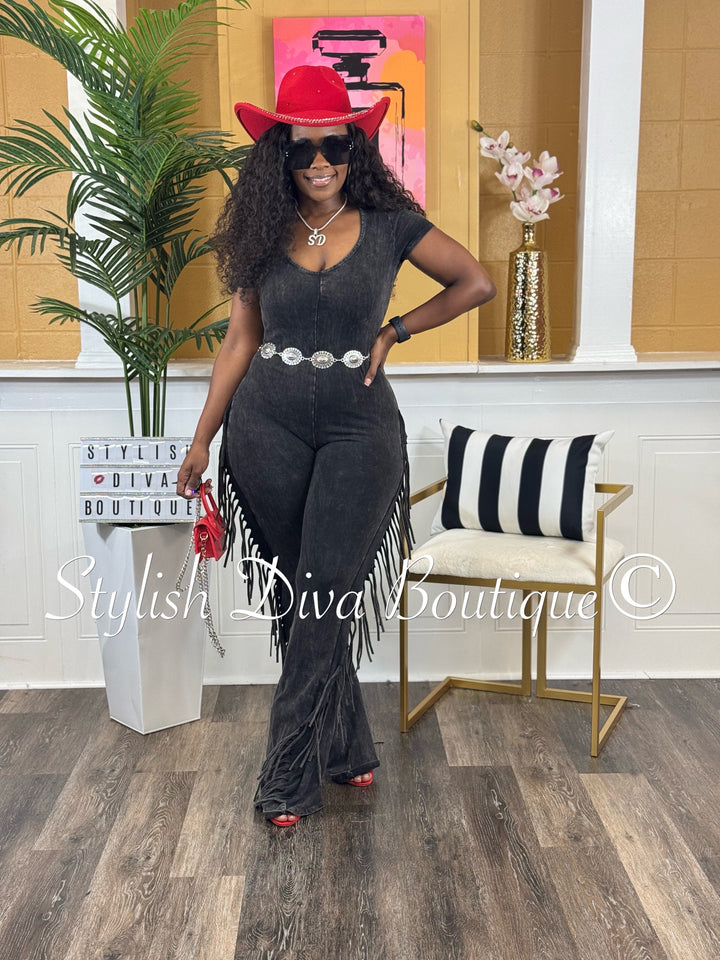 Country Girl Mineral Washed Fringed Jumpsuit (Black Wash)