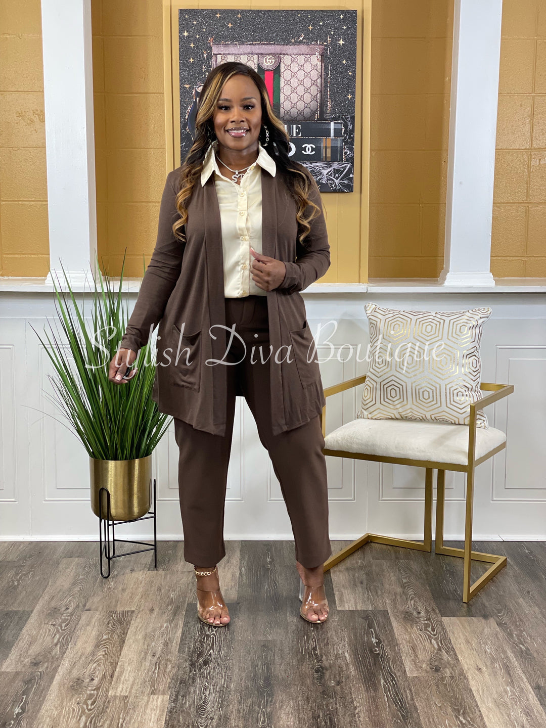 Business Inclusive 2pc Cardigan & Pants Set (Brown)