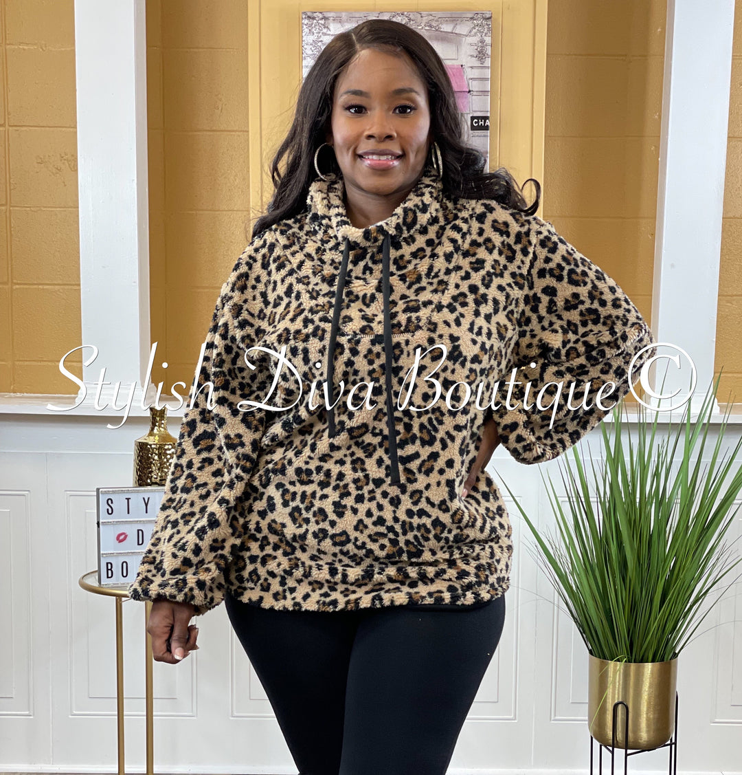 Printed Faux Fur Pullover Top (Leopard Print)