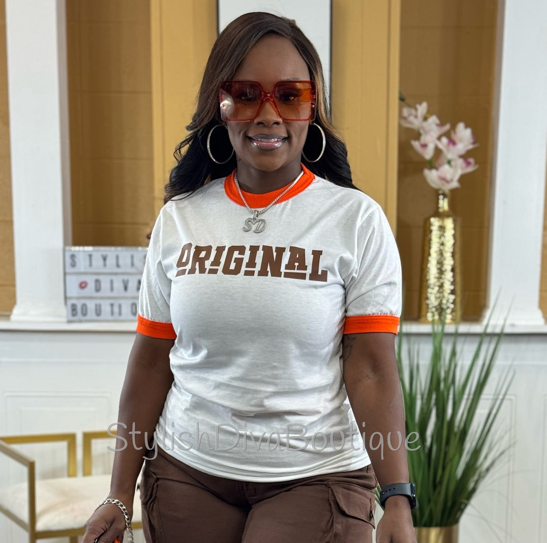 ORIGINAL Ringer Tee (White/Orange) (Brown Print)