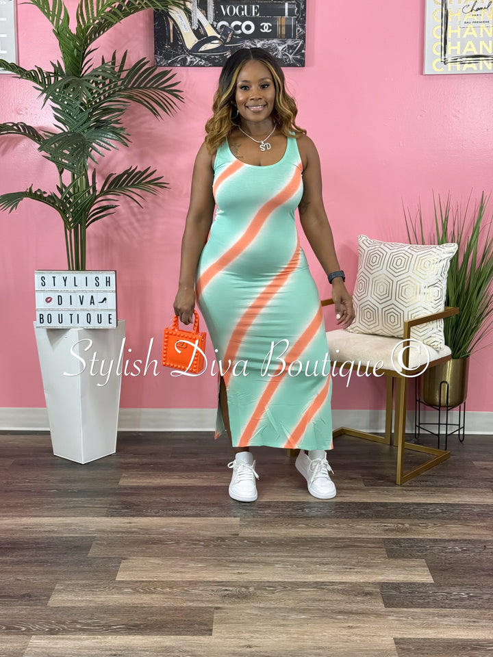 Phoebe Striped Sleeveless Midi Dress (Mint/Coral)