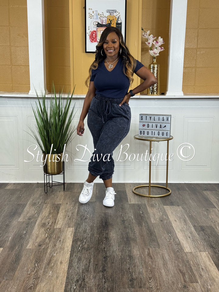 Kerrilyn Acid Wash Jogger Set (Navy)