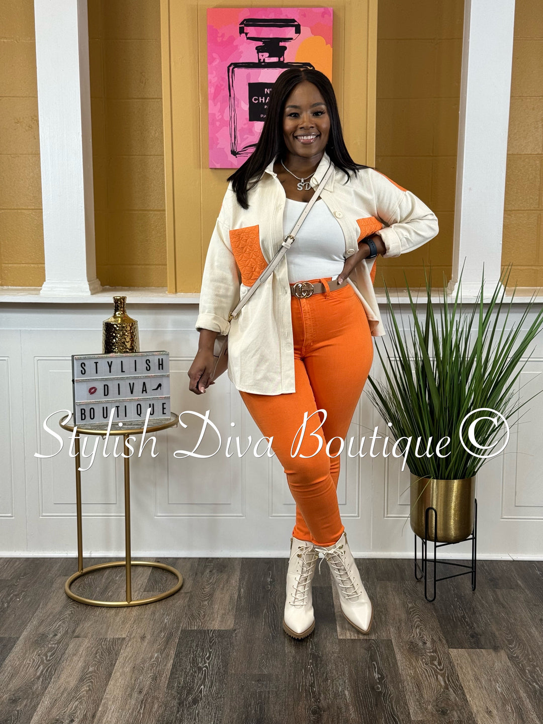 Deena Color Block Shacket (Orange/Cream)