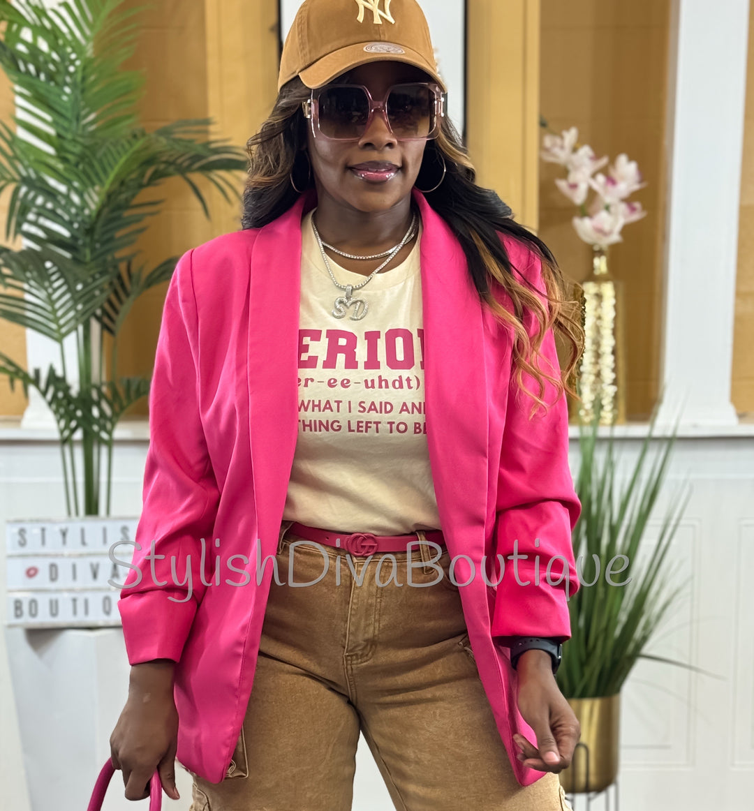Back In Business Ruched Sleeve Blazer (Hot Pink)