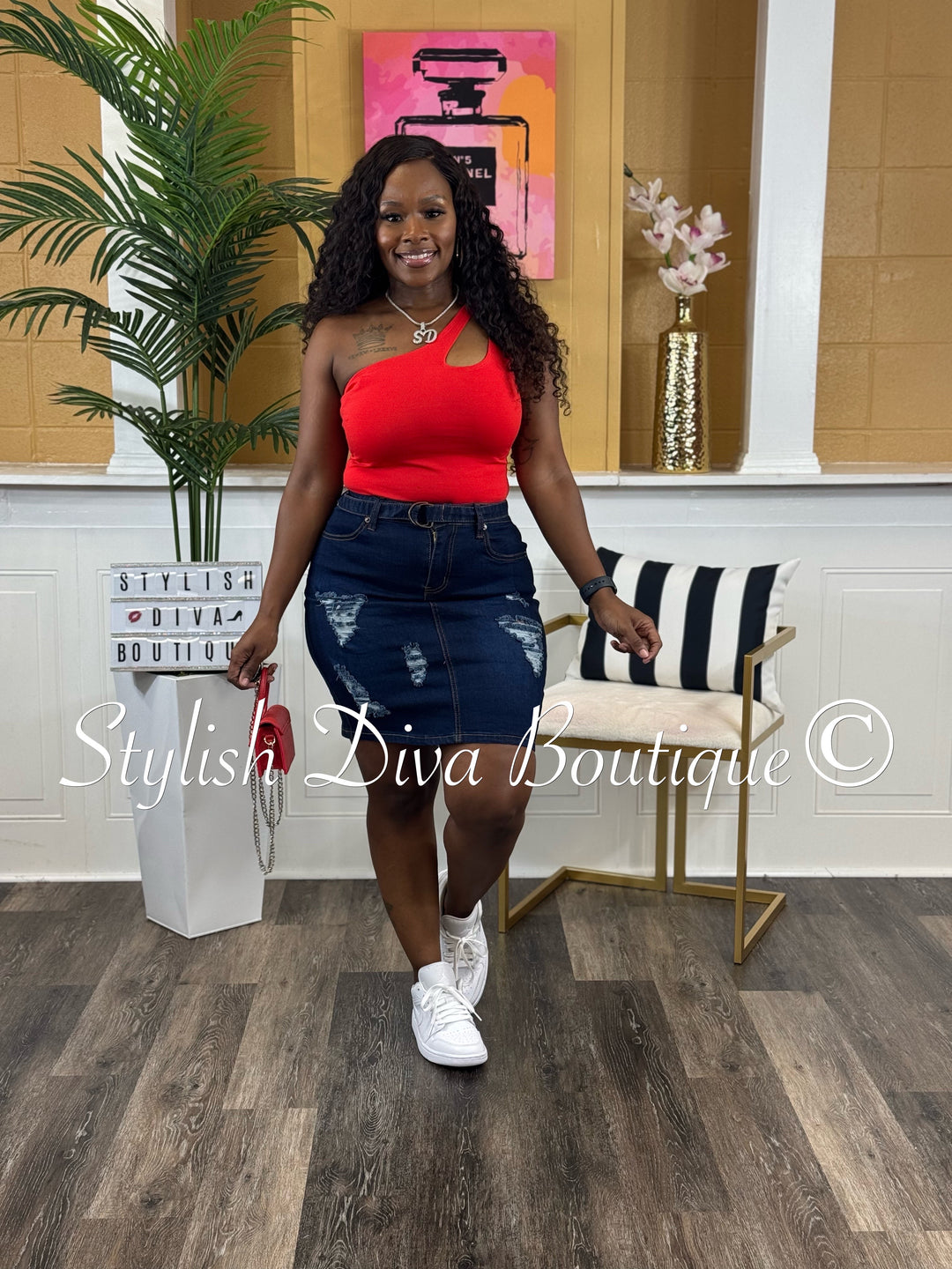 Nyla Distressed Denim Skirt (Dark Denim)