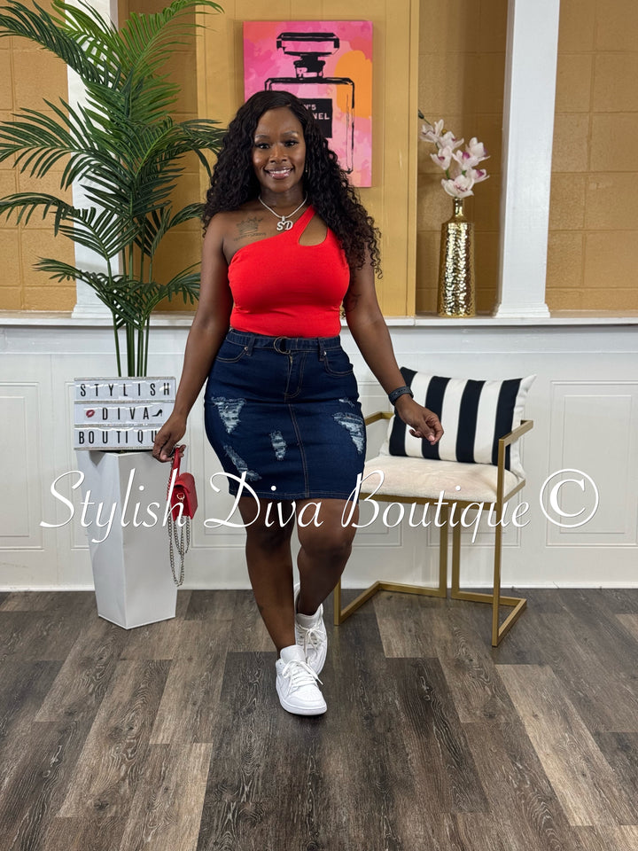 Nyla Distressed Denim Skirt (Dark Denim)