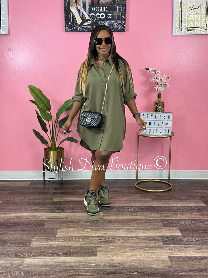 Casual Stroll V-Neck Oversized Shirt Dress (Olive Green)