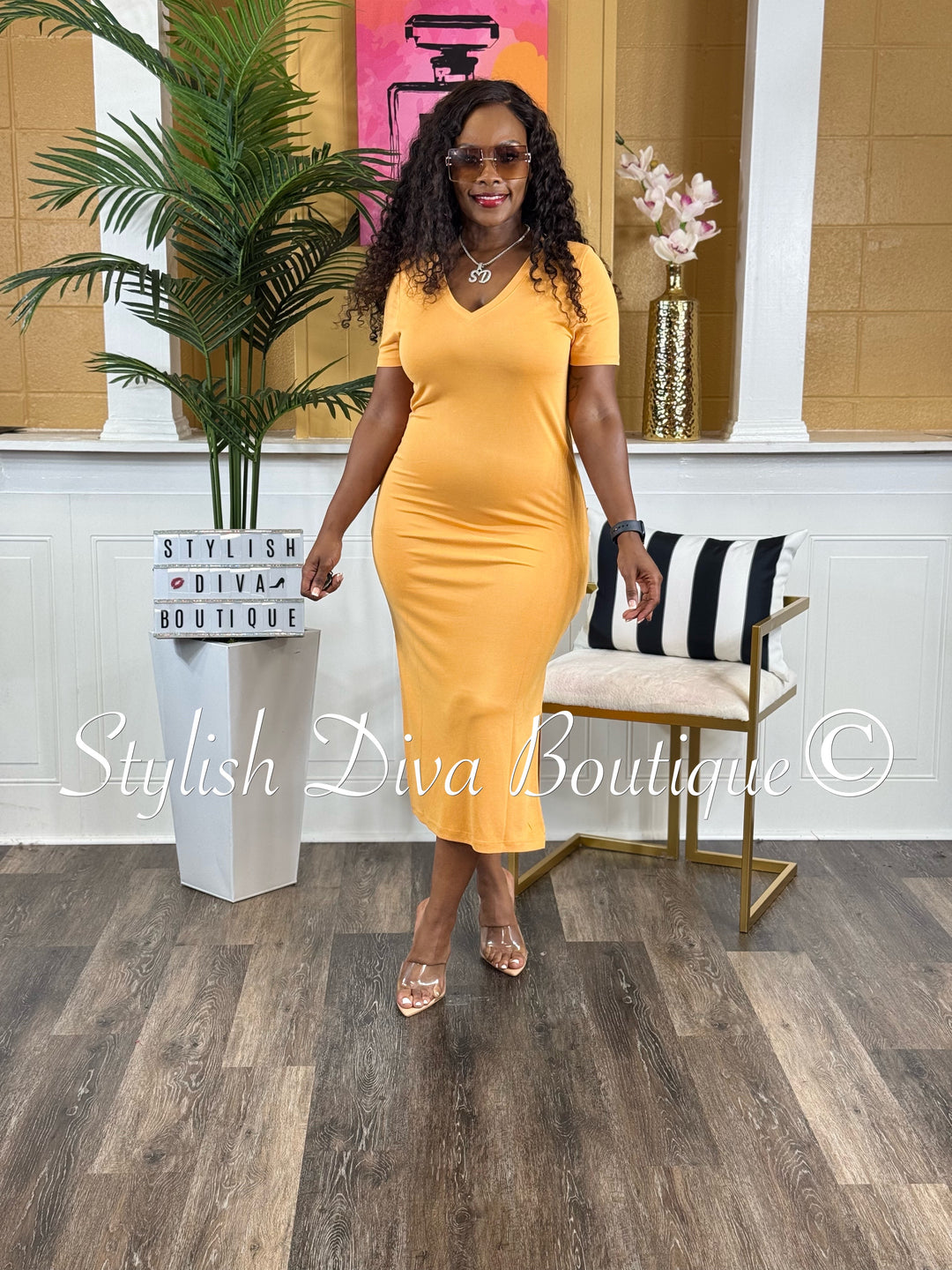 Ivy V-Neck Shirt Dress (Caramel)