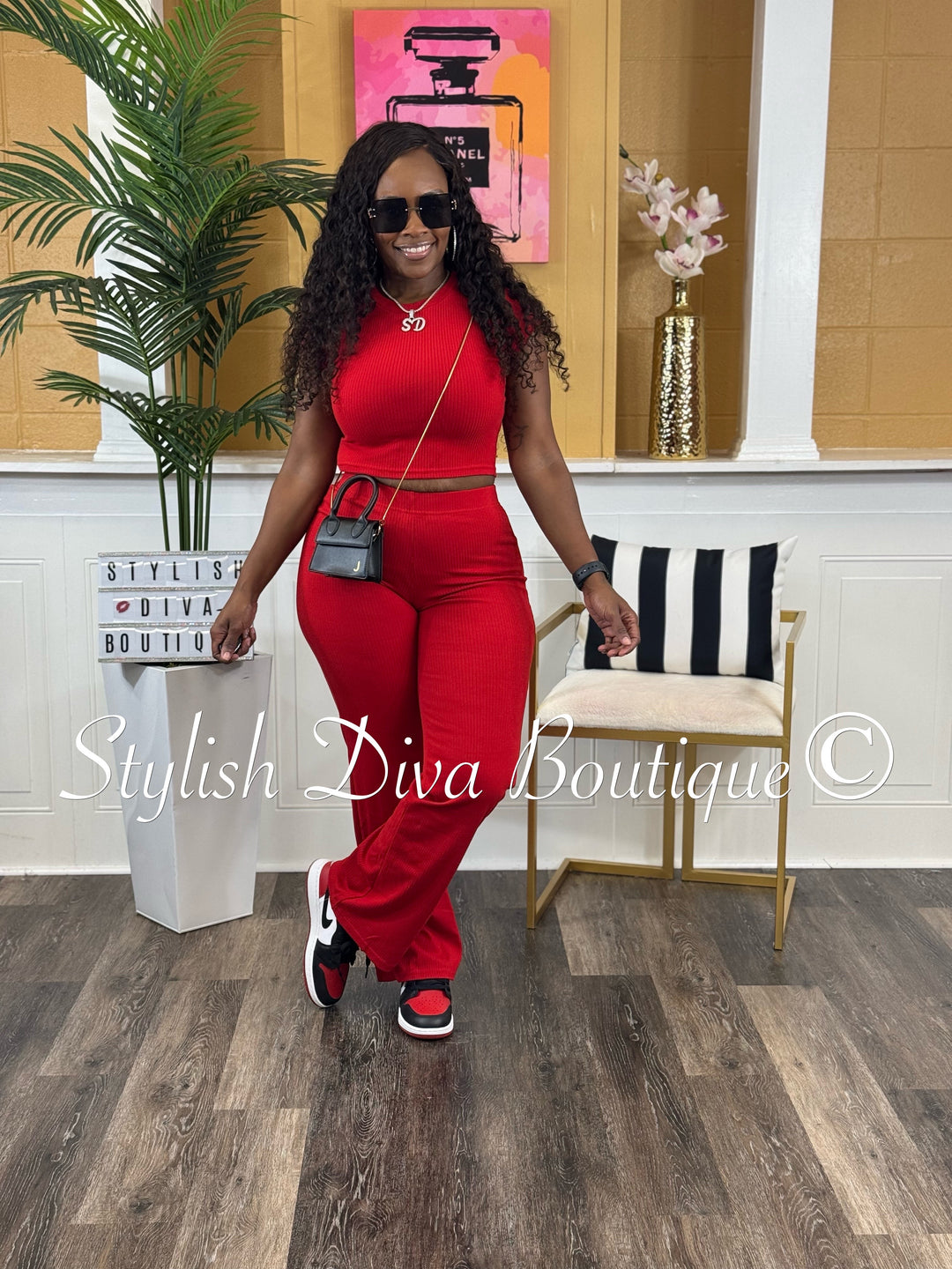 Haley Cropped Ribbed Set (Red)