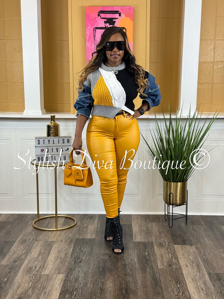 Cute And Curvy Faux Leather Skinny Jeans (Mustard)