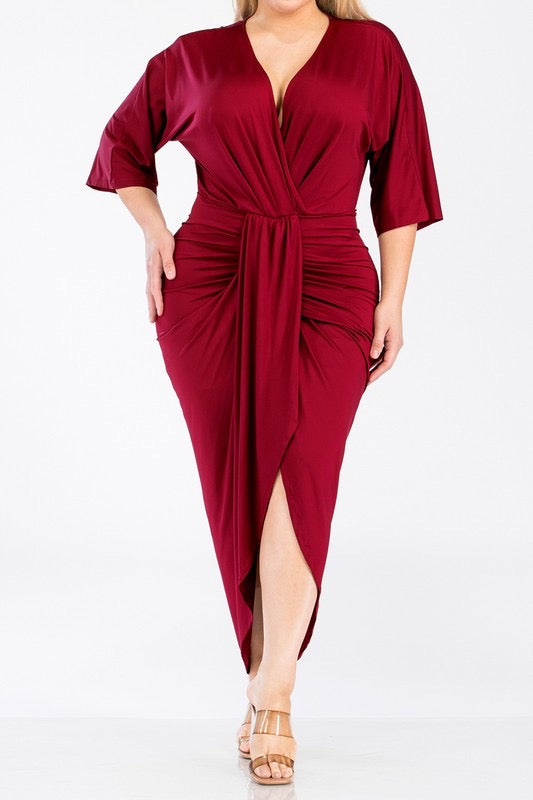 Chandler V Cut Ruched Midi Dress up to 3XL (Burgundy)