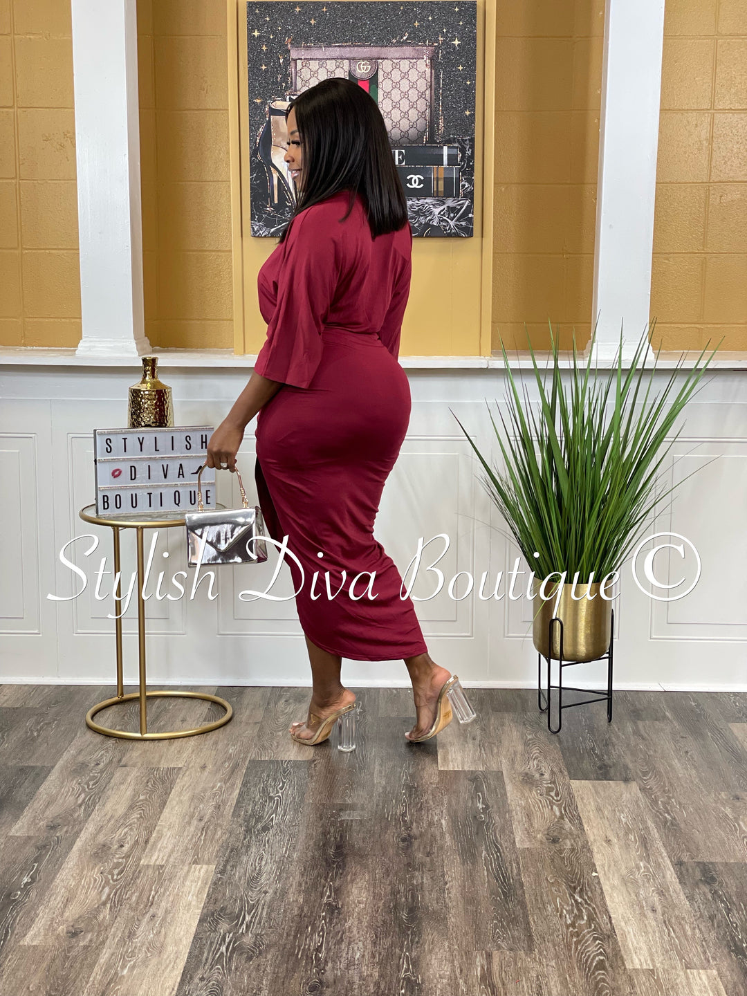 Chandler V Cut Ruched Midi Dress up to 3XL (Burgundy)