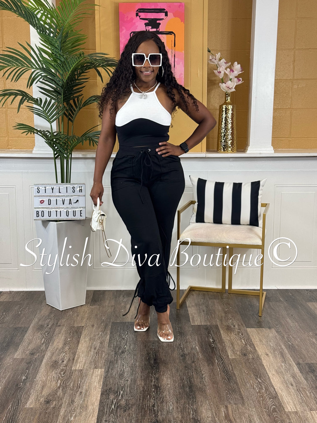 Taryn Two Tone Pants Set (Black/White)