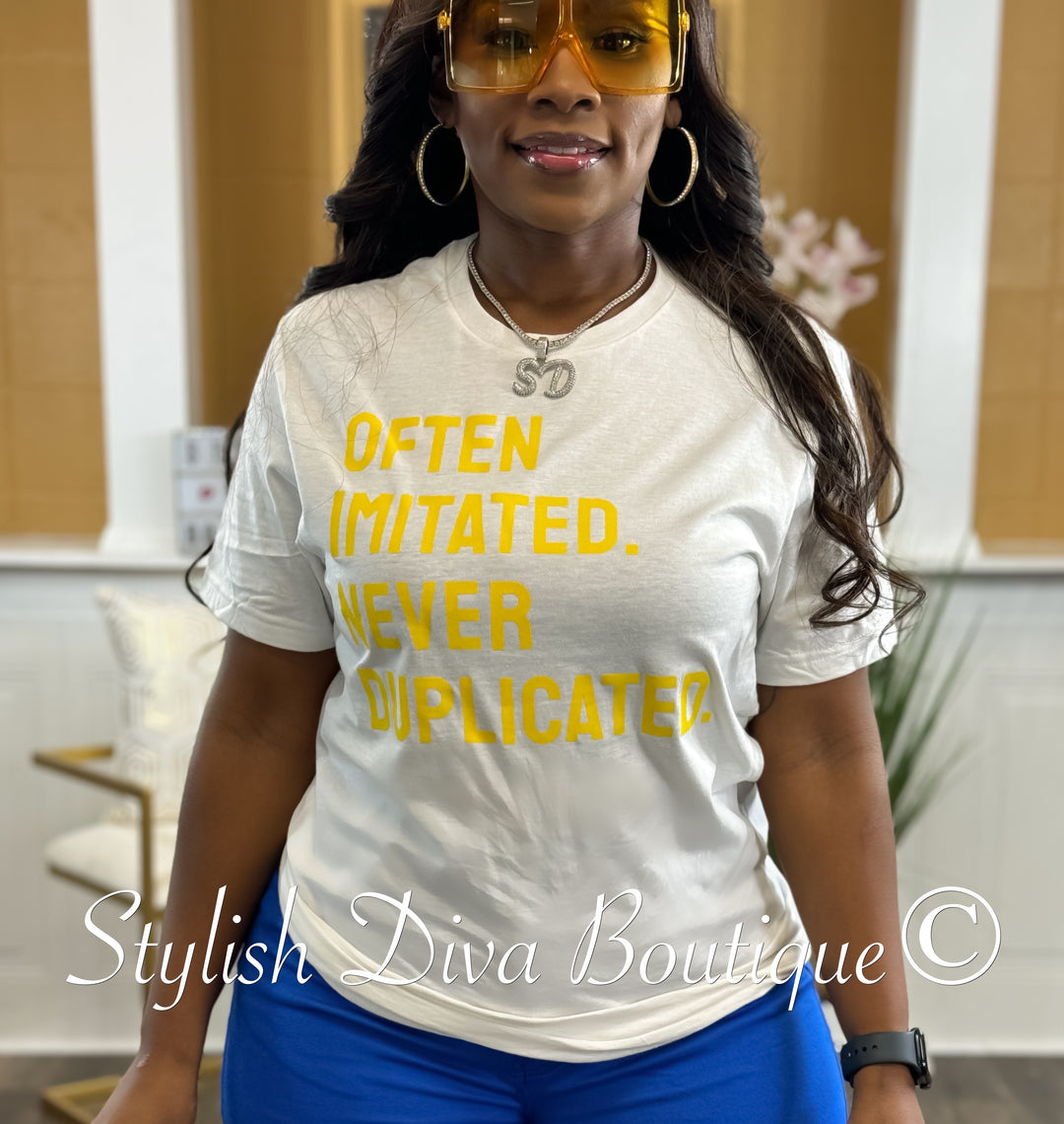 Often Imitated, Never Duplicated T-Shirt (Yellow Print)