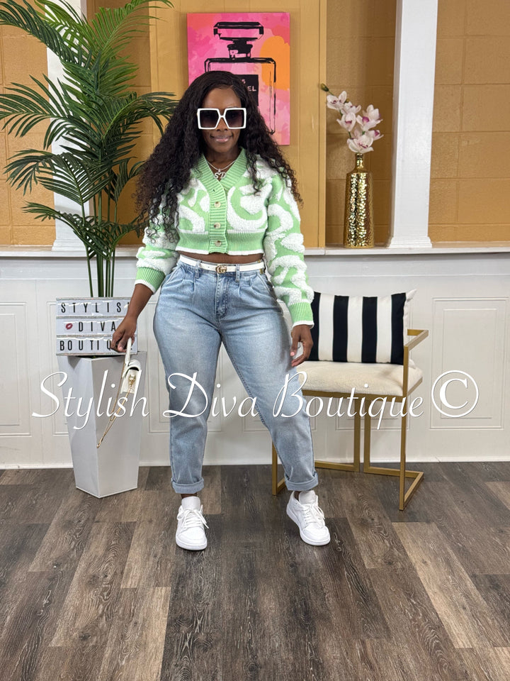 Isabelle Duo Color Cropped Knitted Cardigan (Light Green/White)